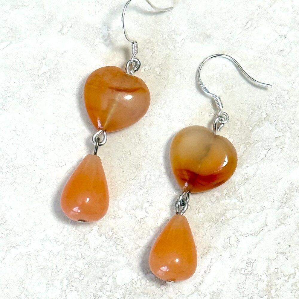2/$20, Genuine Orange Agate Heart Earrings, Gemstone & Sterling Silver Hooks